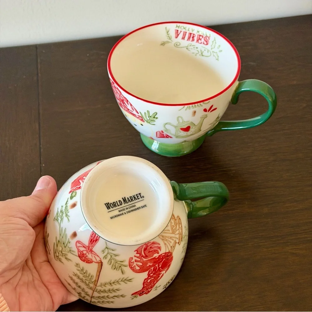 World Market Holly Jolly Vibes Christmas Mugs Woodland Santa Set of 2 NWOT